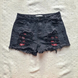 Dex, Distressed Cutoffs with Peekaboo Rose Embroidered  Pockets